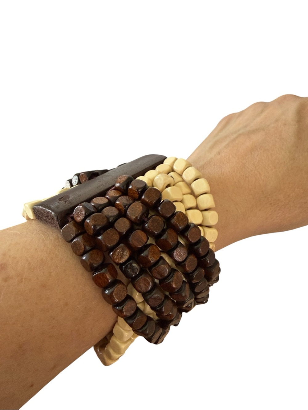 C1946 Wood Bead Stretch Bracelet Brown Ivory Layered Boho Cuff